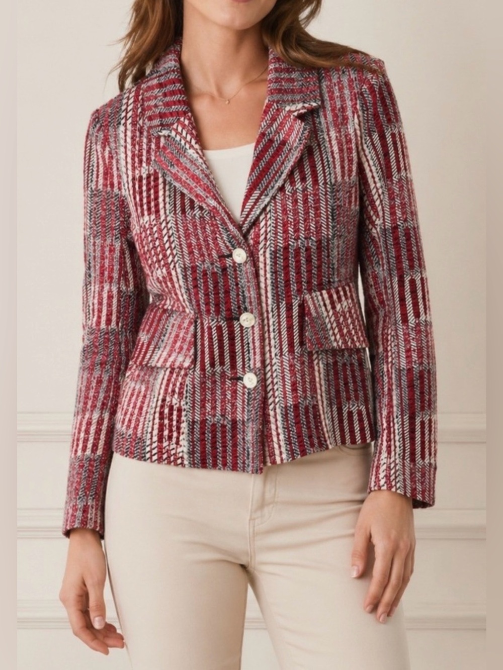 CAbi Red Patchwork White Striped Tweed Blazer size medium
